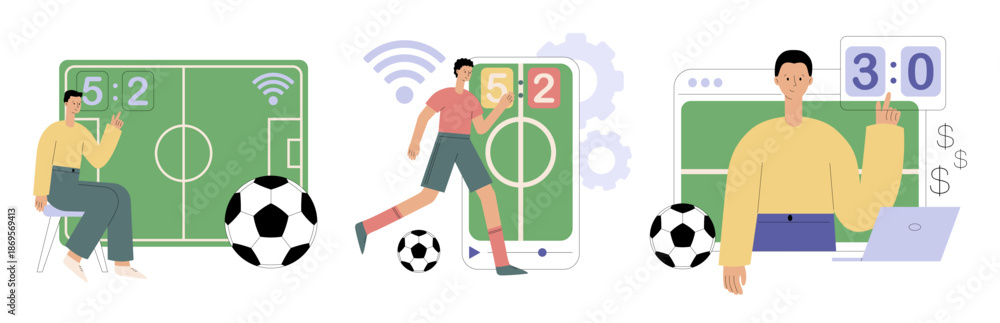 Obraz premium Football. Sports games concept. Bookmaker market, wagering website, sports betting mobile app. Digital sports, e-sport league, online football tournament. Flat vector illustration for website, web ban