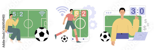 Football. Sports games concept. Bookmaker market, wagering website, sports betting mobile app. Digital sports, e-sport league, online football tournament. Flat vector illustration for website, web ban
