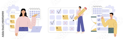 Schedule planning set. Character planning work task, filling check list, making schedule. Time management, self management, productivity. Flat vector illustration for website, landing page, mobile app