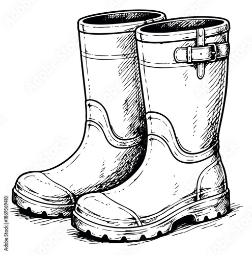 Hand drawn line art footwear set featuring a pair of rubber boots for outdoor activities and gardening