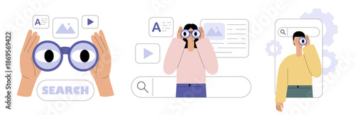 Search concept set. People with binocular looking for information. Surfing Internet, website, online company. Search panel in browser. Flat vector illustration for website, landing page, mobile app