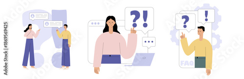 FAQ concept set. People characters chatbot frequently asked questions. Online support service. QA speech bubble, question and answer session. Flat vector illustration for landing page, mobile app