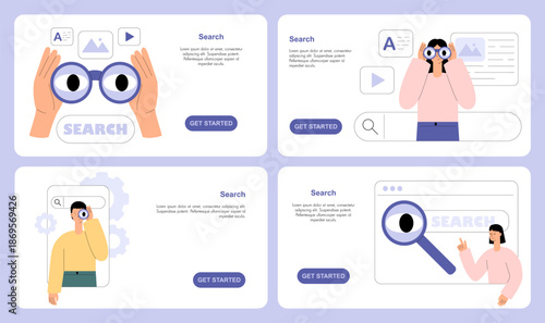 Search concept set. People with binocular looking for information. Surfing Internet, website, online company. Search panel in browser. Flat vector illustration for website, landing page, web banner