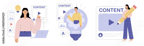UGC concept set. User generated content. Social media marketing. Characters creating content in social media or website. Flat vector illustration for website, mobile app, web poster and banner