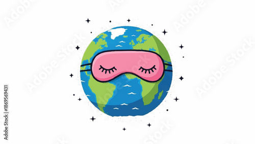 Planet Earth wearing a pink sleeping mask peacefully resting.