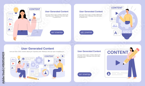 UGC concept set. User generated content. Social media marketing. Characters creating content in social media or website. Flat vector illustration for website, landing page, web poster and banner
