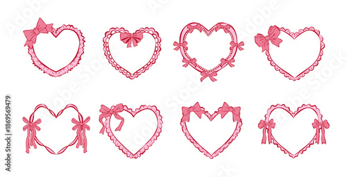 Set of pink heart frames with bows, frills and ribbons. Romantic clipart for Valentine’s Day cards, wedding invitations, scrapbooking, social media. Vector elements for anniversary and bridal projects