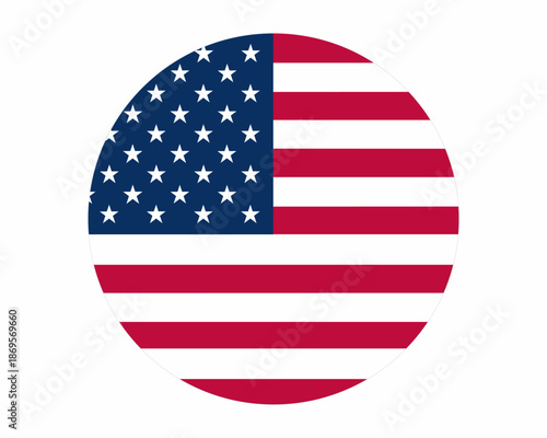United States of America flag in circular shape. Clean flat vector icon isolated on white background. Official standard colors. Perfect for web, app, UI, patriotic, election, and national design use.