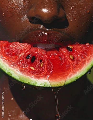 A close-up of a juicy, full mouth biting into a watermelon slice, dripping with fresh summer juice, showing the refreshing, fruity taste of the season.