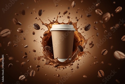 Floating takeaway coffee cup surrounded by a circular coffee splash and flying roasted beans on a warm brown background, ideal for café branding, beverage ads, and energy concepts.