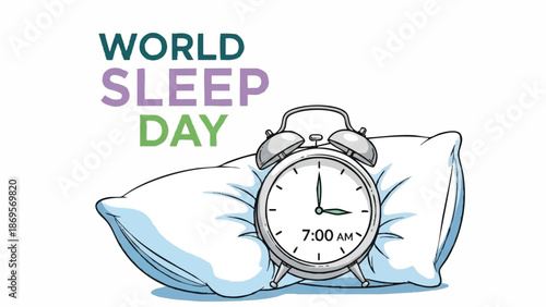 World Sleep Day alarm clock on pillow illustration.