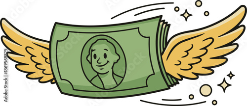 Flying Money With Wings Concept Of Financial Success, Inflation, Debt, Salary, Cost  And Wealth