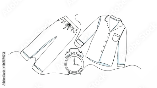 Minimalist Line Art of Pajamas and Alarm Clock.