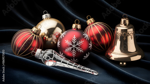 Luxurious Christmas Ornaments and Golden Bell Illustration on Velvet Background for Holiday Decor Inspiration