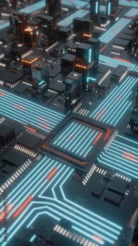 Futuristic digital circuit board with data flow