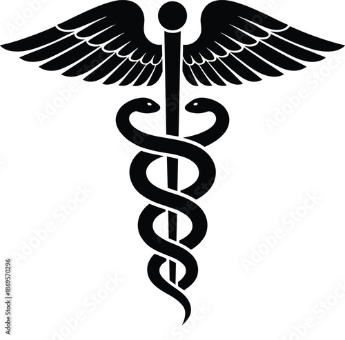 Caduceus medical symbol vector illustration with serpents and wings, commonly used in healthcare, hospital, and medical design themes