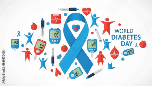 World Diabetes Day awareness ribbon and medical equipment illustration.