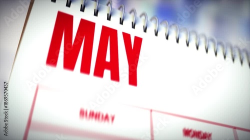Close Up VDO of Calendar Page Displaying Month of August in Bold Red Letters with Spiral Binding, Emphasizing Time, Organization, and Planning with Date Focus