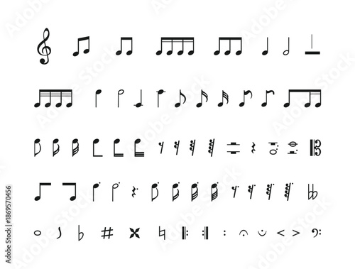 Music notes icon set, group musical notes abstract background. Dynamic music abstract design. Vector illustration.