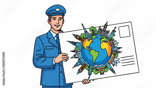Postman Holding a Giant Envelope with Earth and Landmarks.