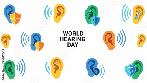 World Hearing Day illustration with diverse ears and sound waves.