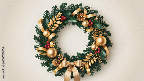 Luxurious Christmas Wreath with Golden Ornaments and Ribbons Illustration Perfect for Holiday Decor Inspiration