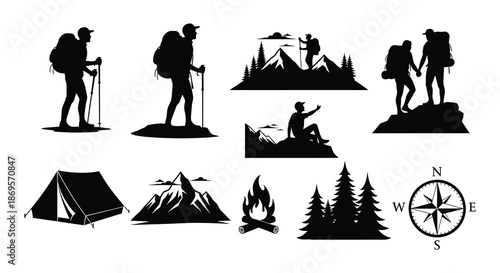 Silhouette collection of hikers mountains camping gear and a compass rose