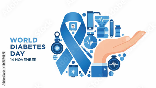 World Diabetes Day Awareness Blue Ribbon Medical Icons Hand.