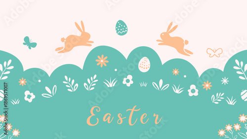 Easter celebration with bunnies and eggs in floral design