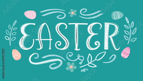 Easter celebration with decorative eggs and flowers on teal background