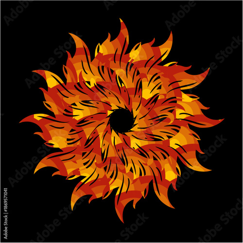 A blazing circular storm of flames radiates heat and motion, symbolizing transformation, intensity, rebirth, and untamed creative energy within darkness.