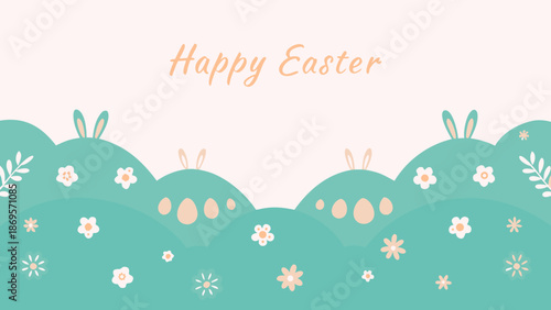 Easter bunny feet peeking out from floral hills with Happy Easter text