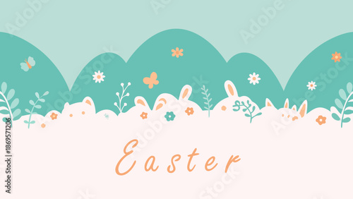 Easter bunnies peeking from behind colorful flowers and plants on Easter day