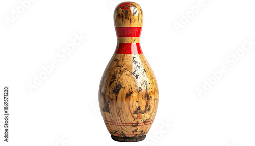 Close-up of a vintage wooden bowling pin with red stripes and distinctive grain patterns