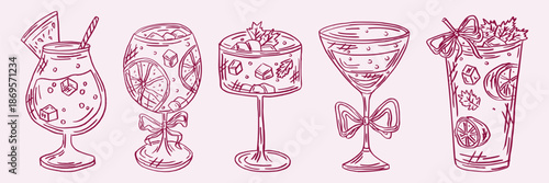 Whimsical hand drawn cocktail glass with ribbon bow, fruits and ice. Coquette doodle style drink illustration. Hand-drawn cocktail sketch