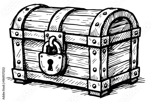 Hand drawn line art illustration of a treasure chest depicting a locked padlock for pirate adventure concepts