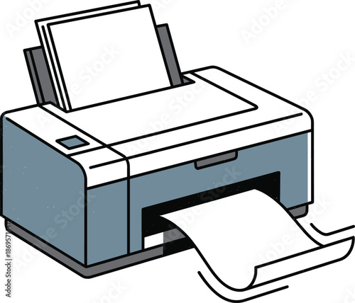 Color vector illustration of desktop inkjet printer with paper tray and printed sheet, ideal for office, home, and document themes