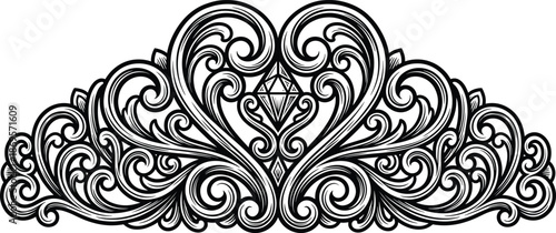 Elegant ornamental crest vector illustration with symmetrical swirls and central diamond, perfect for decorative, vintage, and tattoo design themes