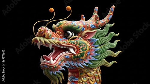 Wallpaper Mural Vibrant colorful dragon head sculpture with intricate designs on black background for chinese new year Torontodigital.ca