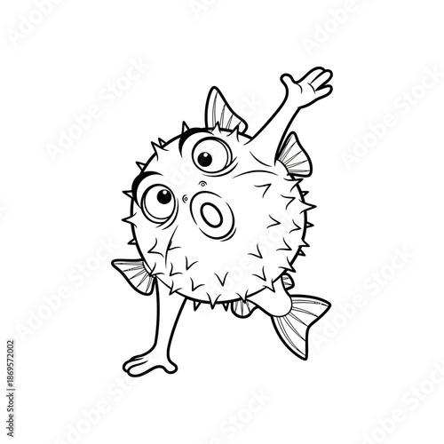 A cartoon pufferfish waves with one hand and stares curiously on white background.