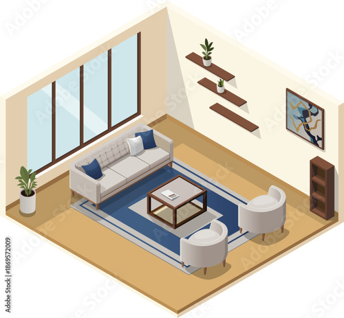 Isometric living room interior with sofa and coffee table
