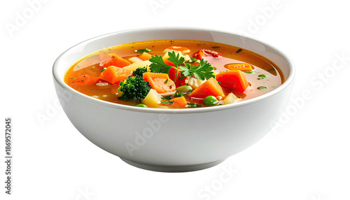 Close-up of a white bowl filled with colorful, steaming vegetable soup