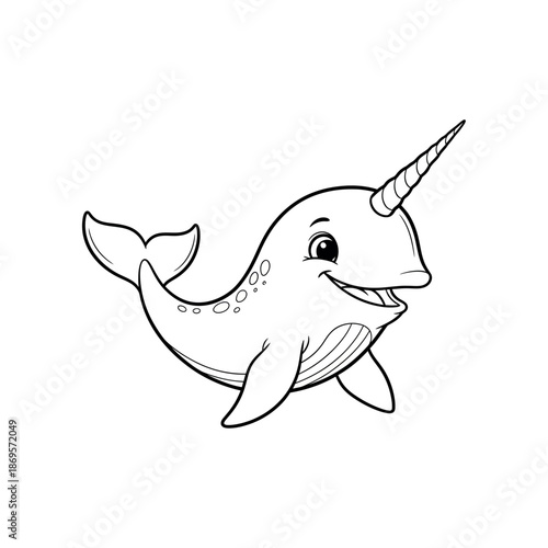 A smiling narwhal swims in the ocean with its horn shining.