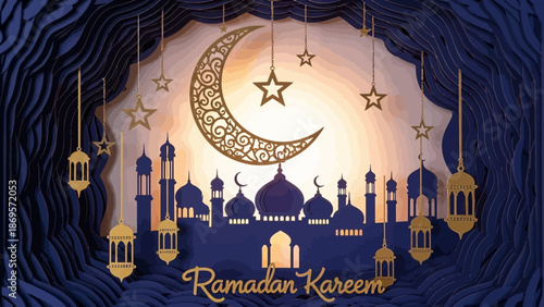 Layered Kirigami Art for the Holy Month of Ramadan, Sophisticated 3D Paper Cut Kirigami Ramadan Kareem Greeting 