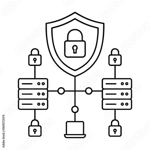 Network Security and Server Protection Shield Outline Vector Illustration