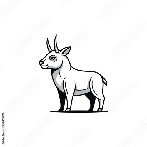 An illustration of a standing goat with horns looking sideways in a simple graphic style.