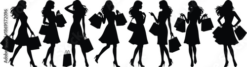 Fashion shopping woman silhouette collection showing style retail lifestyle elegance consumerism bags purchase confidence and modern female poses