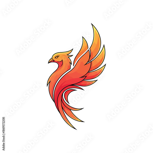 A vibrant orange phoenix bird spreads its colorful wings in flight against a white background.