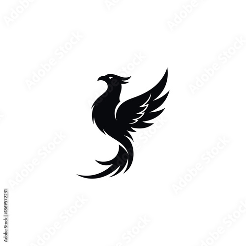 A stylized illustration of a majestic mythical bird in flight with outstretched wings depicted in black.