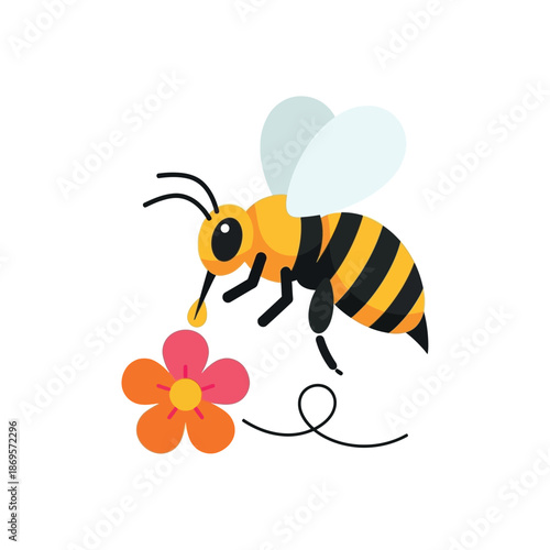 A bee collects nectar from a colorful flower in a sunny garden environment.